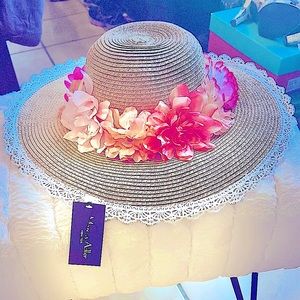 Women’s Tan with Pink Flower Derby, Church, Floppy Sun Hat